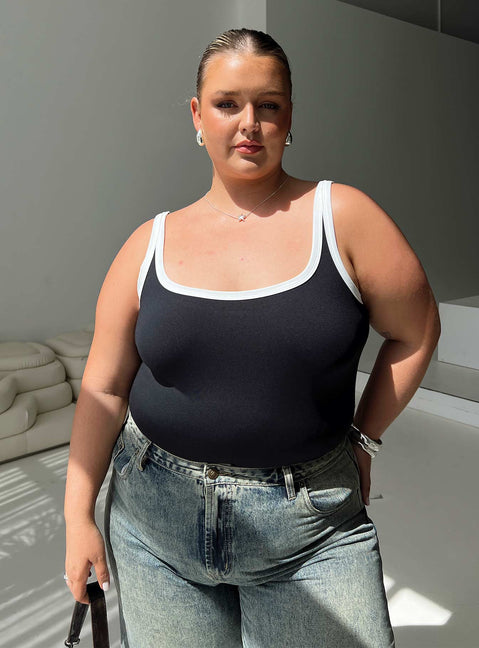 front view of model wearing Princess Polly Astrea Bodysuit Black / White Curve Sleeveless Bodysuit 