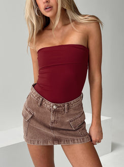 back view of model wearing Princess Polly Niner Strapless Bodysuit Burgundy Sleeveless Bodysuit 