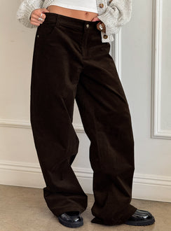 side view of model wearing Princess Polly Kenza Wide Leg Corduroy Pant Brown Mid Rise Pants Pants 