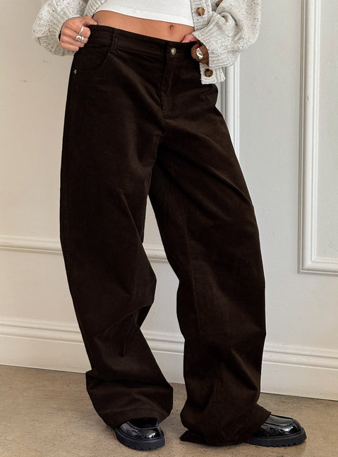 side view of model wearing Princess Polly Kenza Wide Leg Corduroy Pant Brown Mid Rise Pants Pants 