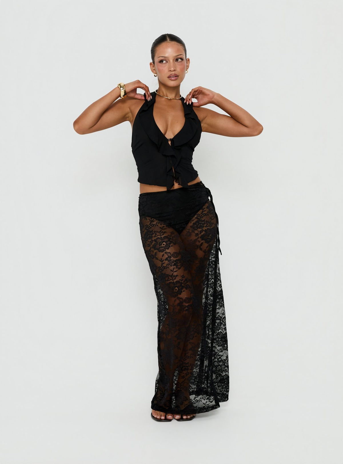 Showcasing the Marenya Lace Maxi Skirt Black womens-skirts in maxi length front view of model wearing Princess Polly
