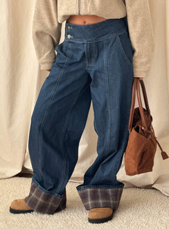 Discover the Nikoletta Foldover Jeans Dark Wash / Check Petite womens-jeans featuring high-rise waist detail Princess Polly
