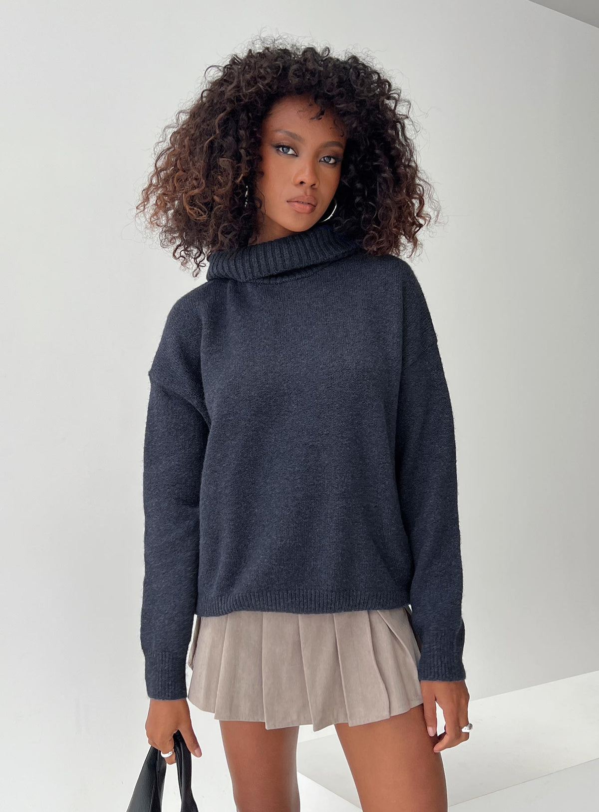 front view of model wearing Princess Polly Oswin Turtleneck Sweater Navy Longline Jumpers Jumpers 