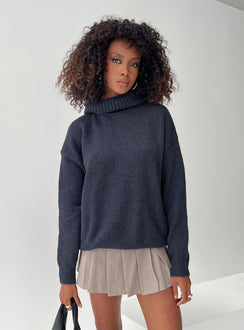 front view of model wearing Princess Polly Oswin Turtleneck Sweater Navy Longline Jumpers Jumpers 