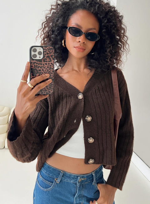 front view of model wearing Princess Polly Romona Knit Cardigan Chocolate Cropped Jumpers Jumpers 