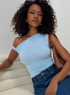 front view of model wearing Princess Polly Beller Bodysuit Blue Short Sleeve Bodysuit 