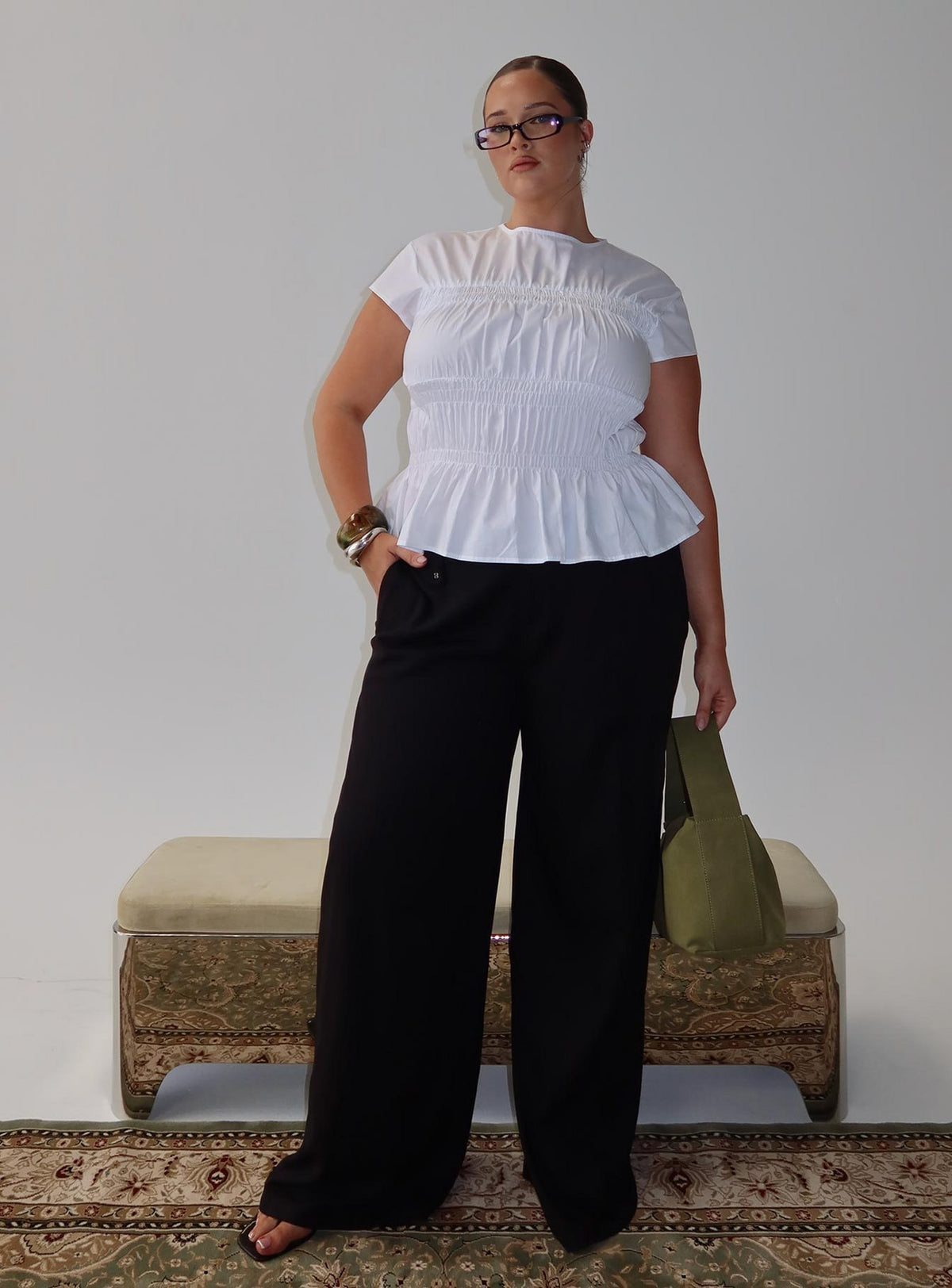 front view of model wearing Princess Polly Pedra Wide Leg Pant Black Curve Mid Rise Pants Pants 