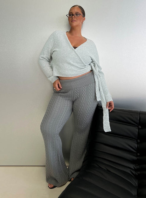 front view of model wearing Princess Polly Baleigh Cable Knit Foldover Pants Grey Curve High Rise Pants Pants 