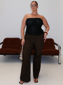 front view of model wearing Princess Polly Kinkirk Flared Pants Chocolate Curve Mid Rise Pants Pants 