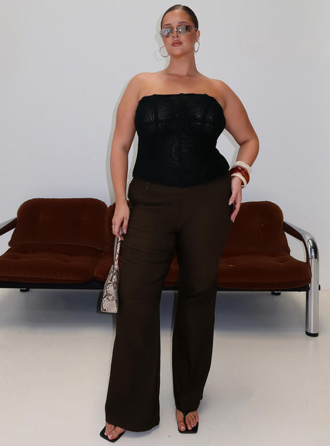 front view of model wearing Princess Polly Kinkirk Flared Pants Chocolate Curve Mid Rise Pants Pants 
