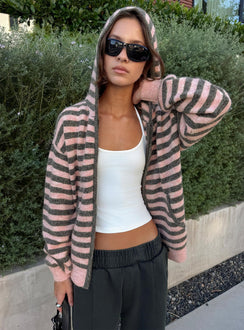 Featuring the Aubry Oversized True Knit Hoodie Pink Stripe womens-jumpers in short length side view of model wearing Princess Polly