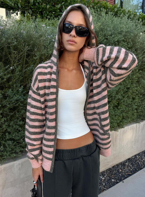 Featuring the Aubry Oversized True Knit Hoodie Pink Stripe womens-jumpers in short length side view of model wearing Princess Polly