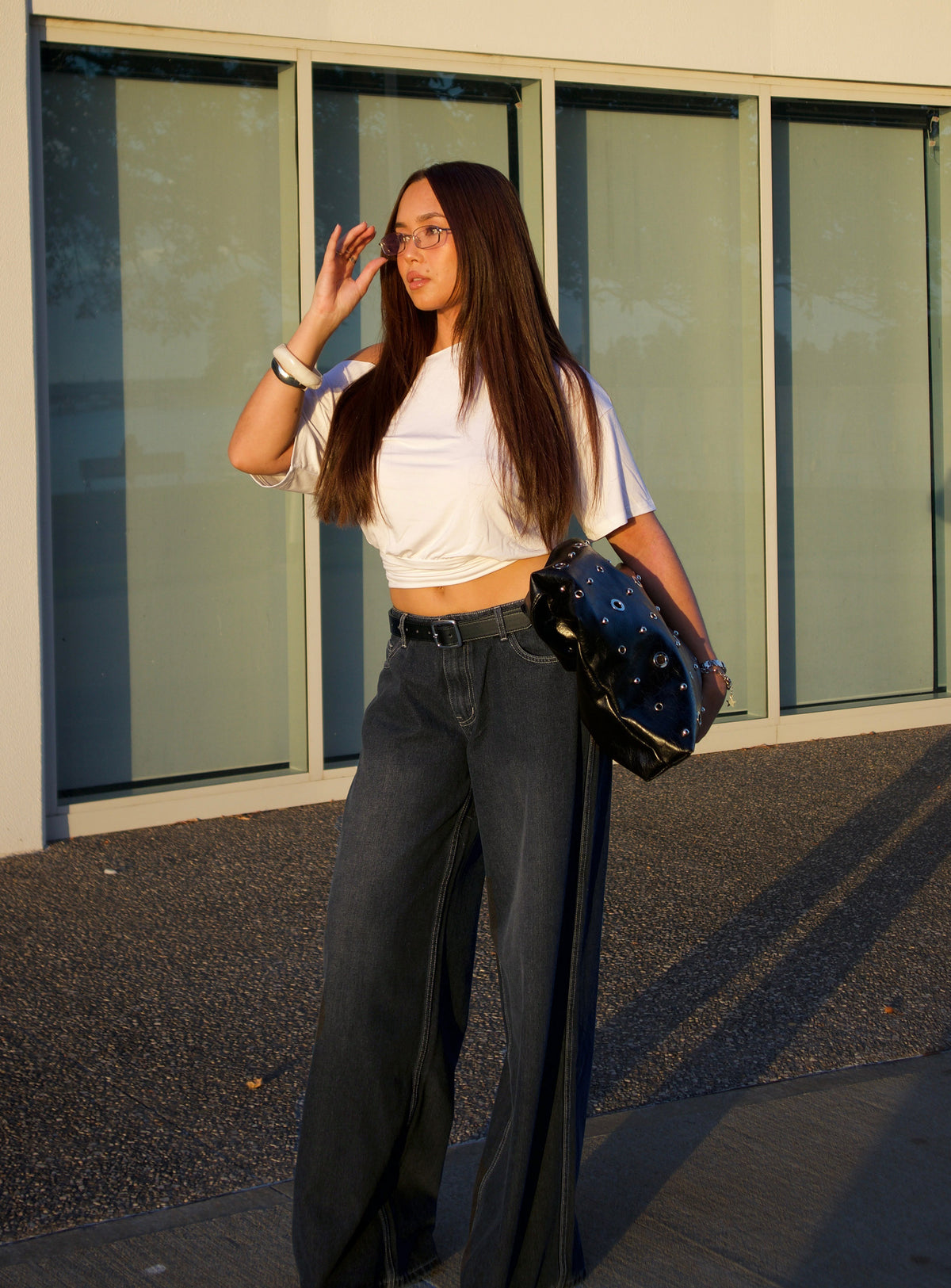 Ramos Low Rise Wide Leg Denim Jeans Dark Grey Wash