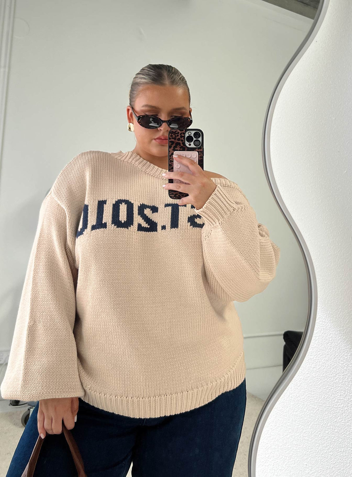 front view of model wearing Princess Polly Jadynn Off Shoulder Knit Sweater Cream Curve Jumpers 