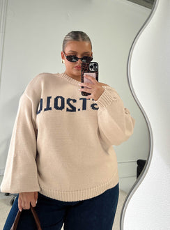 front view of model wearing Princess Polly Jadynn Off Shoulder Knit Sweater Cream Curve Jumpers 