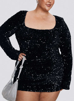 back view of model wearing Princess Polly Vinelle Long Sleeve Mini Dress Black Curve Square Neck 