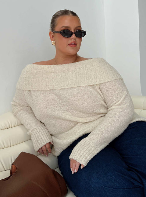 side view of model wearing Princess Polly Parkley Boucle Off The Shoulder Cream Curve Jumpers 