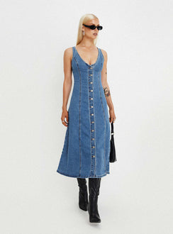 product Princess Polly V-Neck  Midler Denim Midi Dress Mid Blue