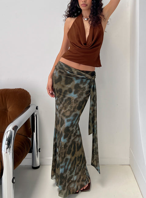   front view of model wearing Princess Polly Caviar Tie Maxi Skirt Leopard Skirts 