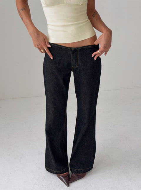 Showcasing Buenos No Waist Low Rise Straight Leg Jeans in Raw Denim womens-jeans with low-rise waist front view of model wearing