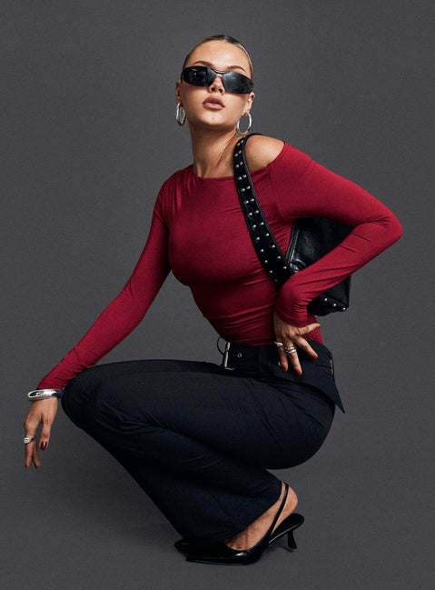 product Princess Polly Full Sleeves Asymmetric Neckline  Spiller Off The Shoulder Top Burgundy