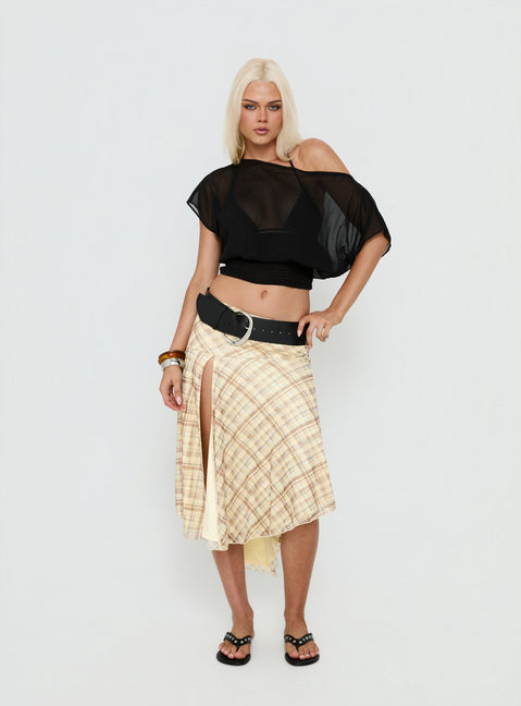   front view of model wearing Princess Polly Dulciana High Split Asymmetrical Midi Skirt Multi Check Midi Skirts Skirts 