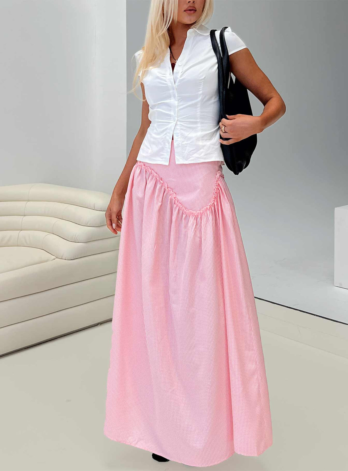   front view of model wearing Princess Polly Apresia Maxi Skirt Pink Gingham Maxi Skirts Skirts 