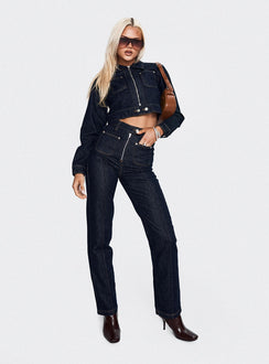 side view of model wearing Princess Polly Stallion Straight Leg Jeans Indigo High Waisted 