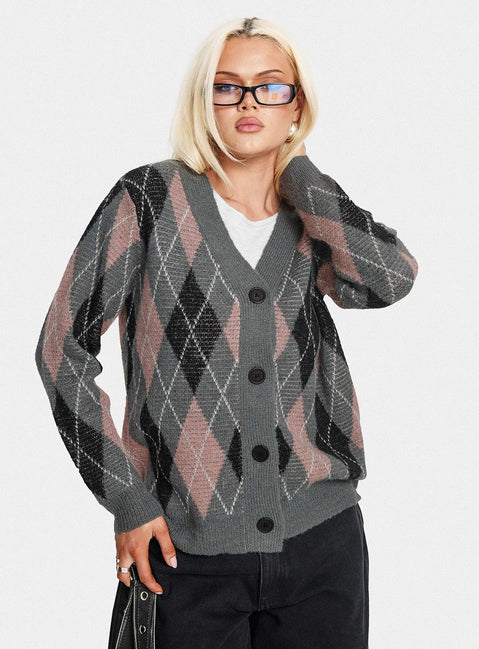back view of model wearing Princess Polly Zeeva Button Through Knit Cardigan Grey Argyle Longline Jumpers Jumpers 