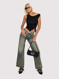 front view of model wearing Princess Polly Mellowed Out Low Rise Straight Leg Jeans Antique Wash Mid Rise Jeans Jeans 
