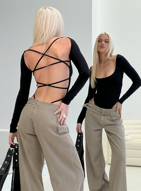 back view of model wearing Princess Polly All Tied Up Long Sleeve Bodysuit Black Long Sleeve Tops Bodysuit 