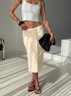   front view of model wearing Princess Polly Asmara Tie Side Midi Skirt Yellow Stripe Midi Skirts Skirts 