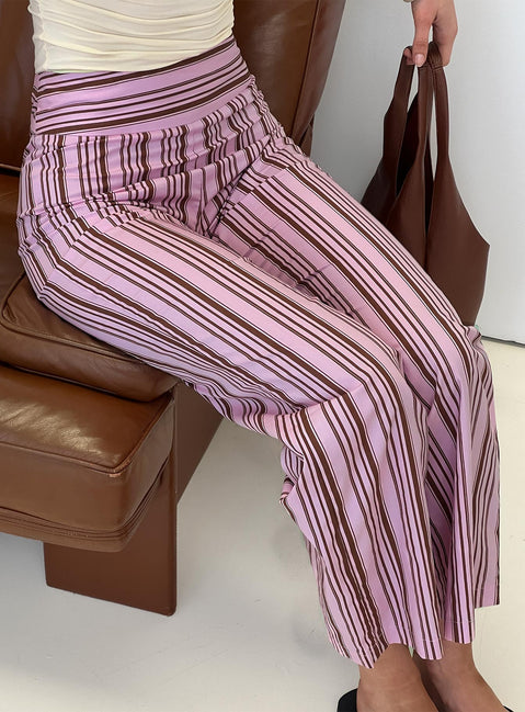 side view of model wearing Princess Polly Leocadie Pants Pink Stripe High Rise Pants Pants 