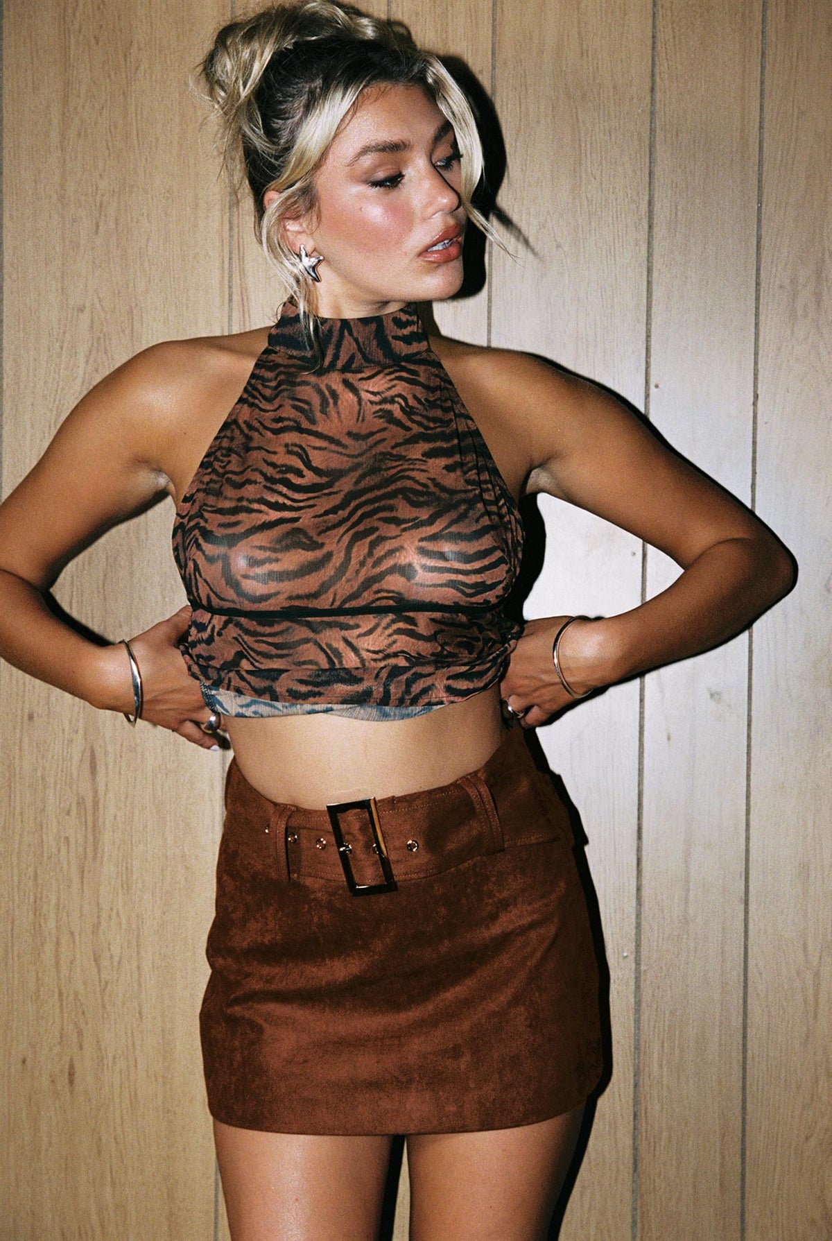   side view of model wearing Princess Polly Movita Belted Mini Skirt Brown Skirts 