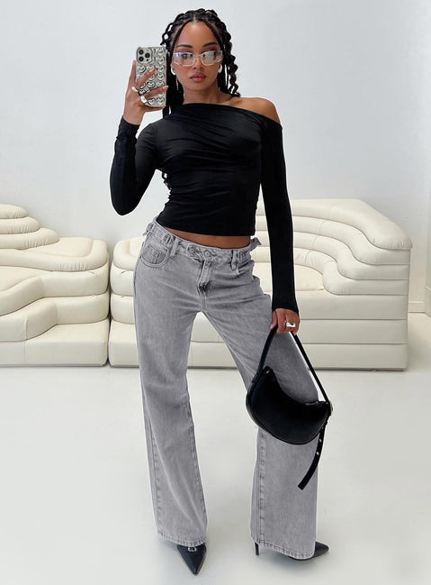 front view of model wearing Princess Polly Lasharie Long Sleeve Top Black Full Sleeves Asymmetric Neckline 