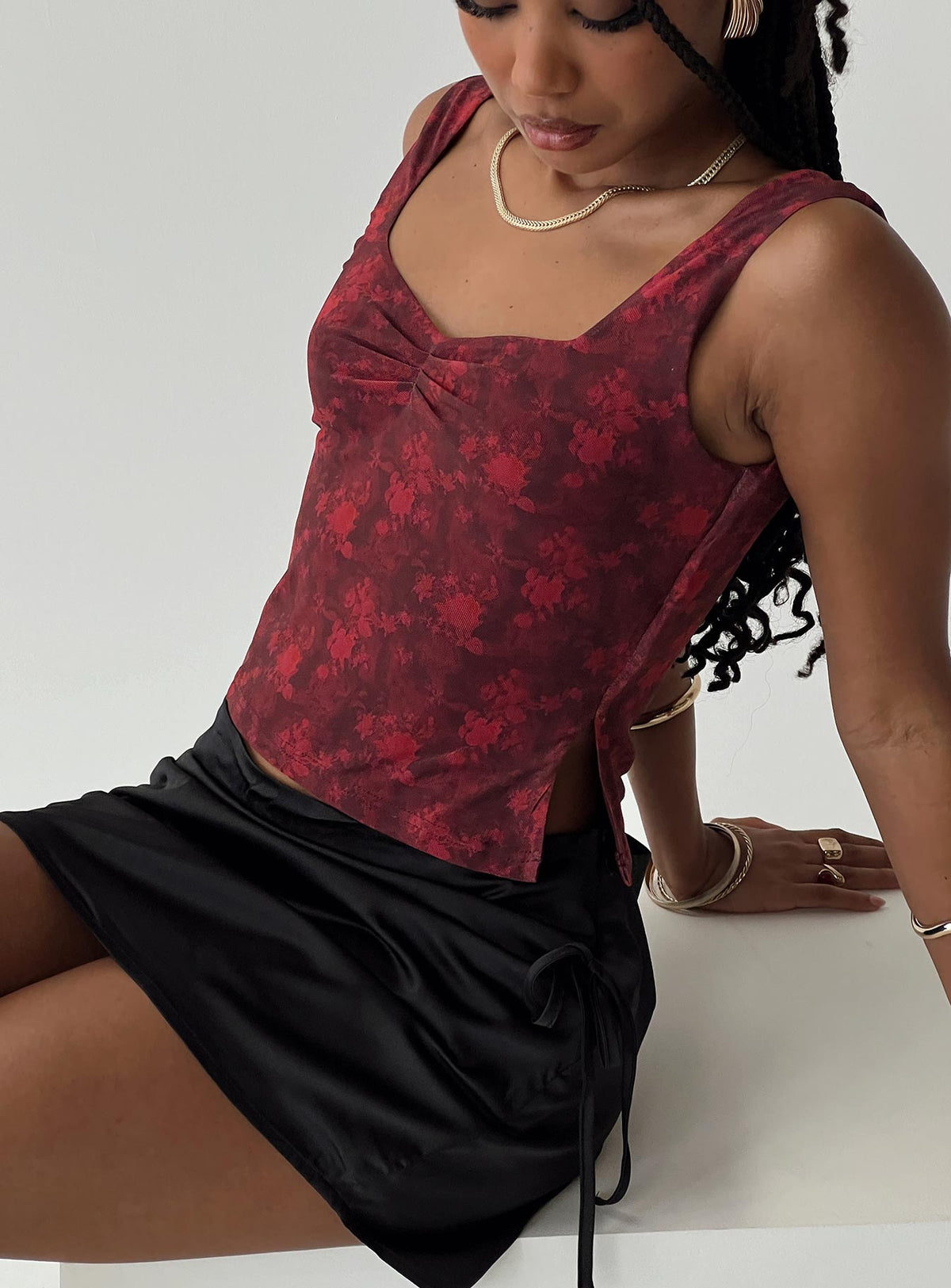 back view of model wearing Princess Polly Rehna Top Red Floral Sleeveless V-Neck 