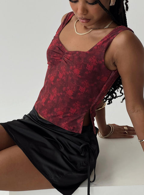 back view of model wearing Princess Polly Rehna Top Red Floral Sleeveless V-Neck 