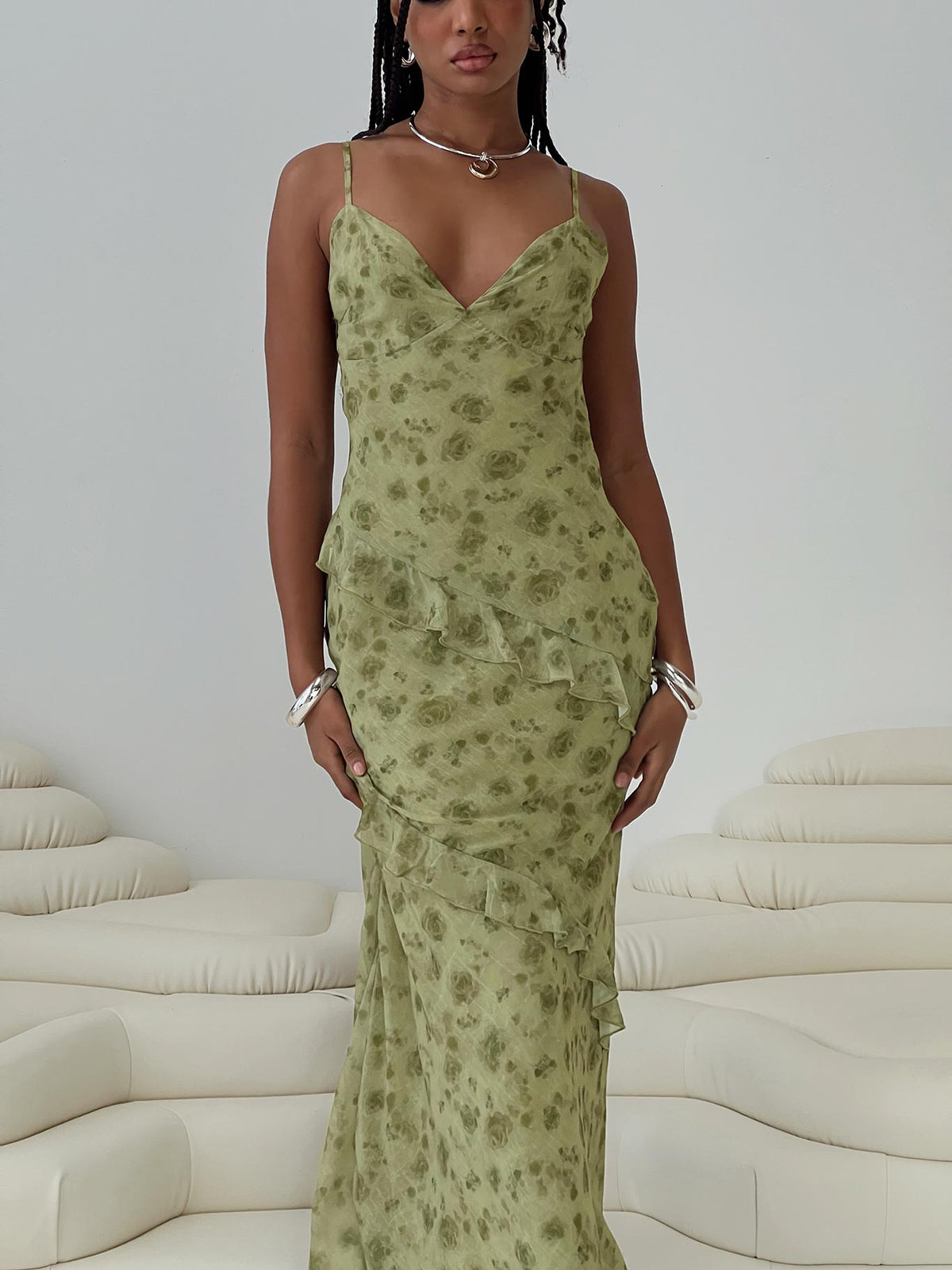 back view of model wearing Princess Polly Teffoli Maxi Dress Green Plunger 