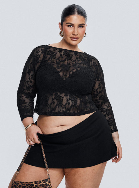 back view of model wearing Princess Polly Martine Sheer Top Black Curve Full Sleeves Boat Neck 