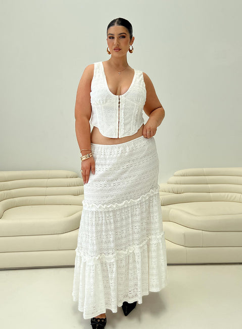   side view of model wearing Princess Polly Buttacupe Lace Maxi Skirt White Curve Maxi Skirts Skirts 