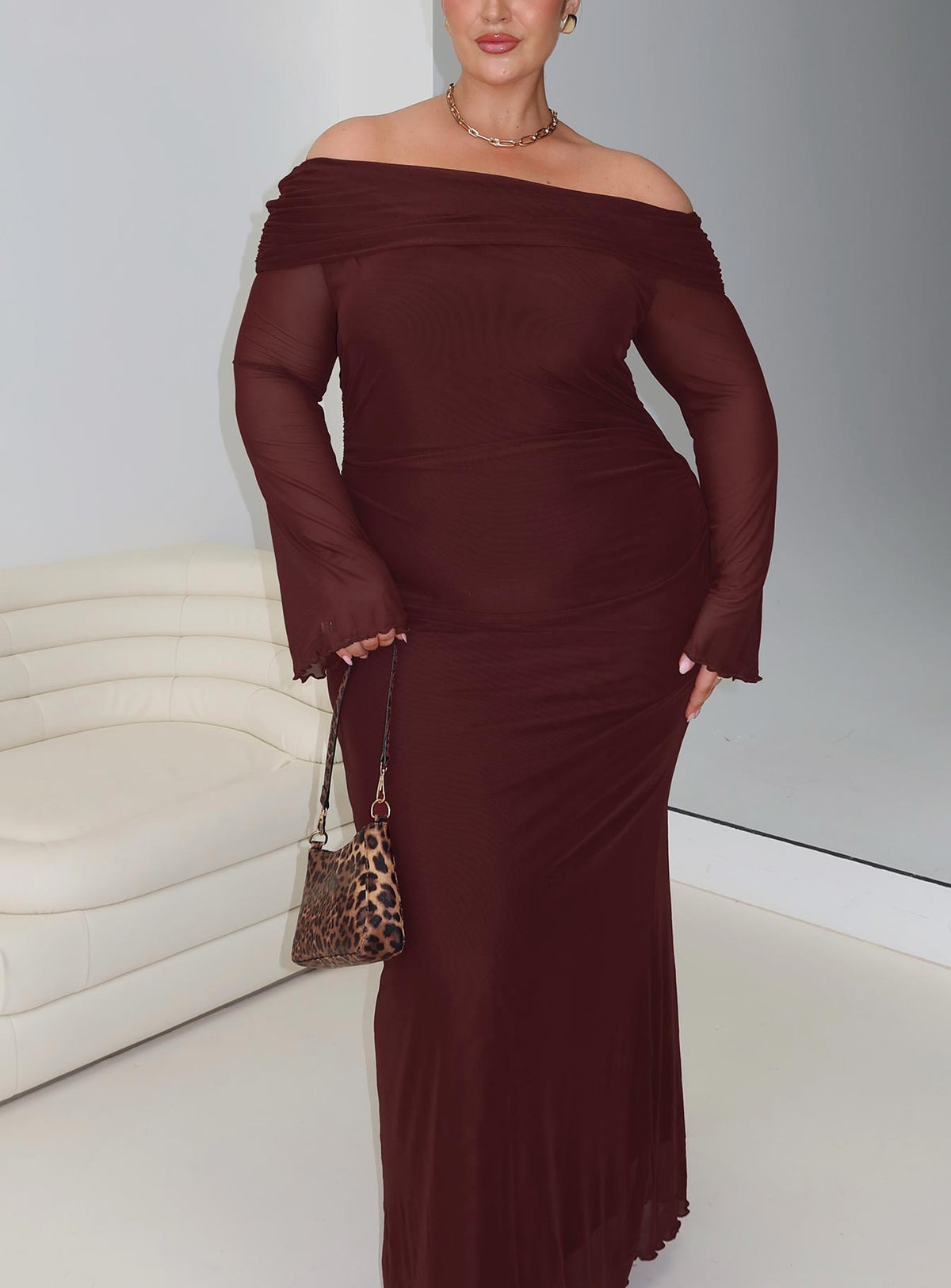 front view of model wearing Princess Polly Consideration Maxi Dress Chocolate Curve Straight Neck 