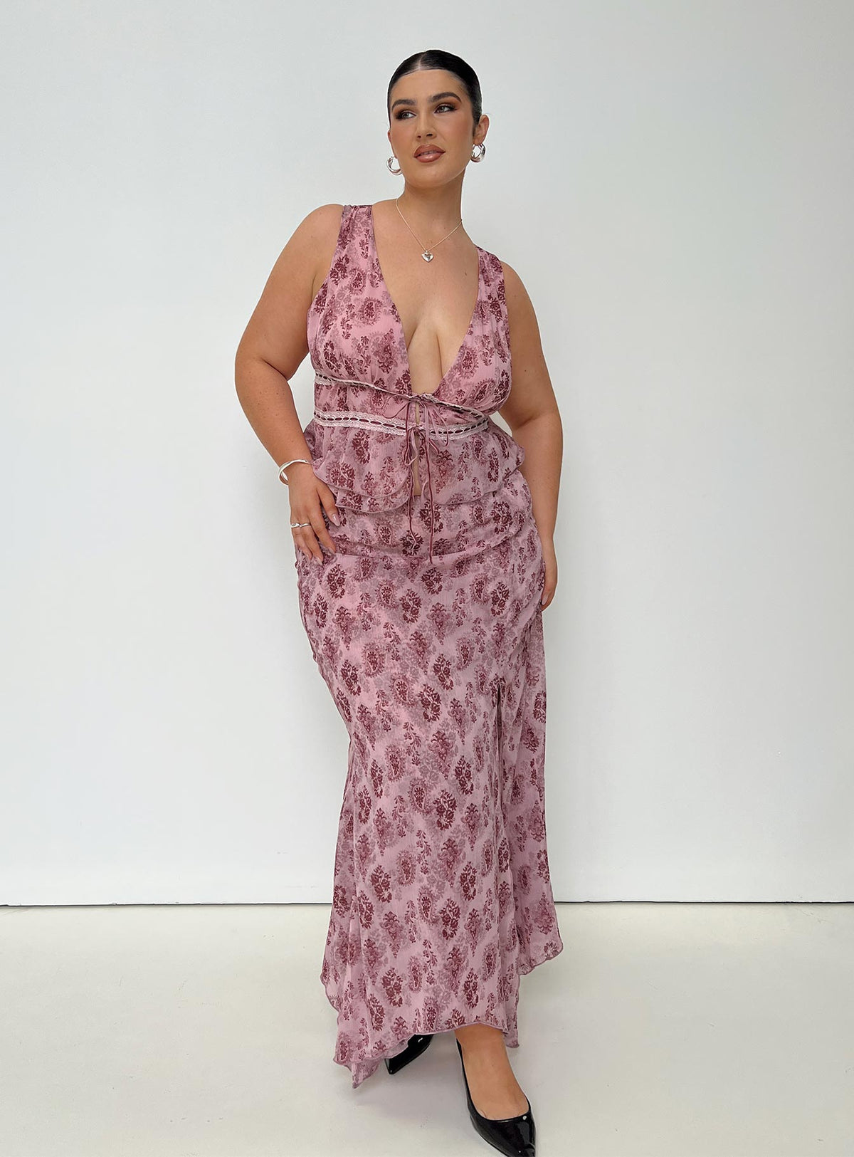back view of model wearing Princess Polly Nikolise Maxi Skirt Purple Curve Maxi Skirts Skirts 