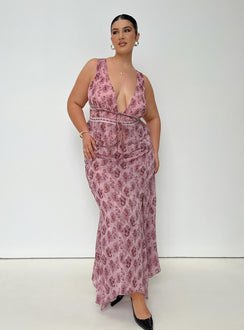 back view of model wearing Princess Polly Nikolise Maxi Skirt Purple Curve Maxi Skirts Skirts 