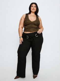 front view of model wearing Princess Polly Twinflame Low Rise Hardware Pants Black Curve Mid Rise Pants Pants 