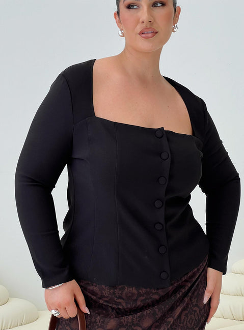 front view of model wearing Princess Polly Gaskin Long Sleeve Top Black Curve Full Sleeves Square Neck 