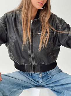 Faux-leather jacket Three pocket design, ribbed cuffs and waist  Non-stretch, fully lined 