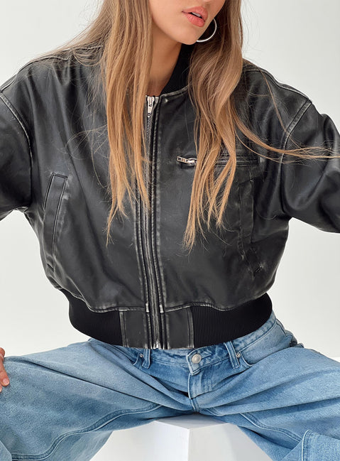 Faux-leather jacket Three pocket design, ribbed cuffs and waist  Non-stretch, fully lined 