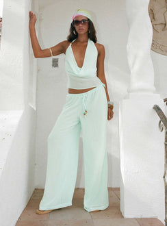 front view of model wearing Princess Polly Distinction Chiffon Pants Aqua Mid Rise Pants Pants 