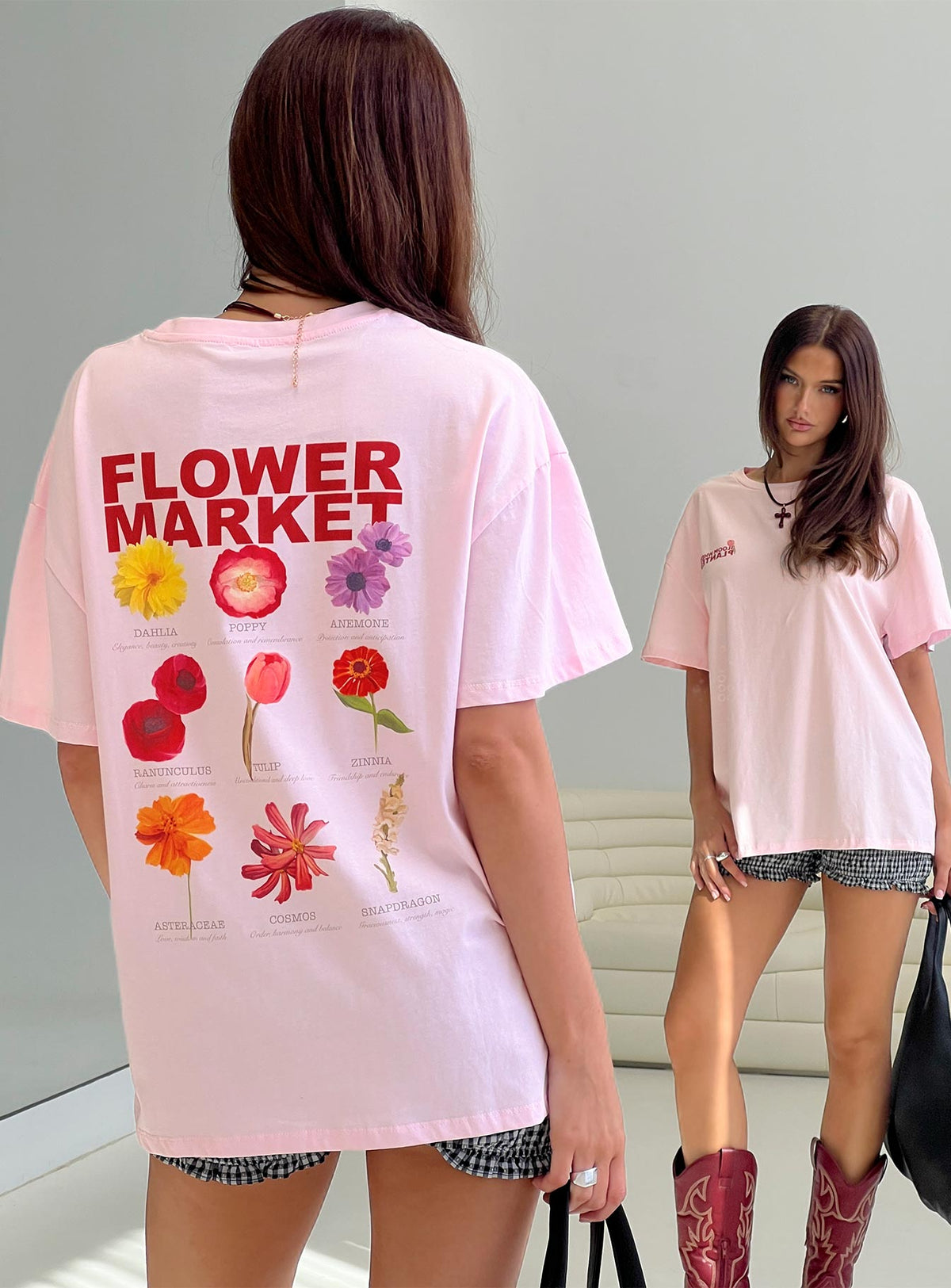 back view of model wearing Princess Polly Flower Chart Oversized Tee Pink Half Sleeves Crew Neck 