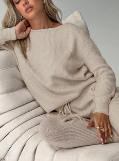 front view of model wearing Princess Polly Abrams Rib Knit Crew Sweater Beige regular Jumpers 